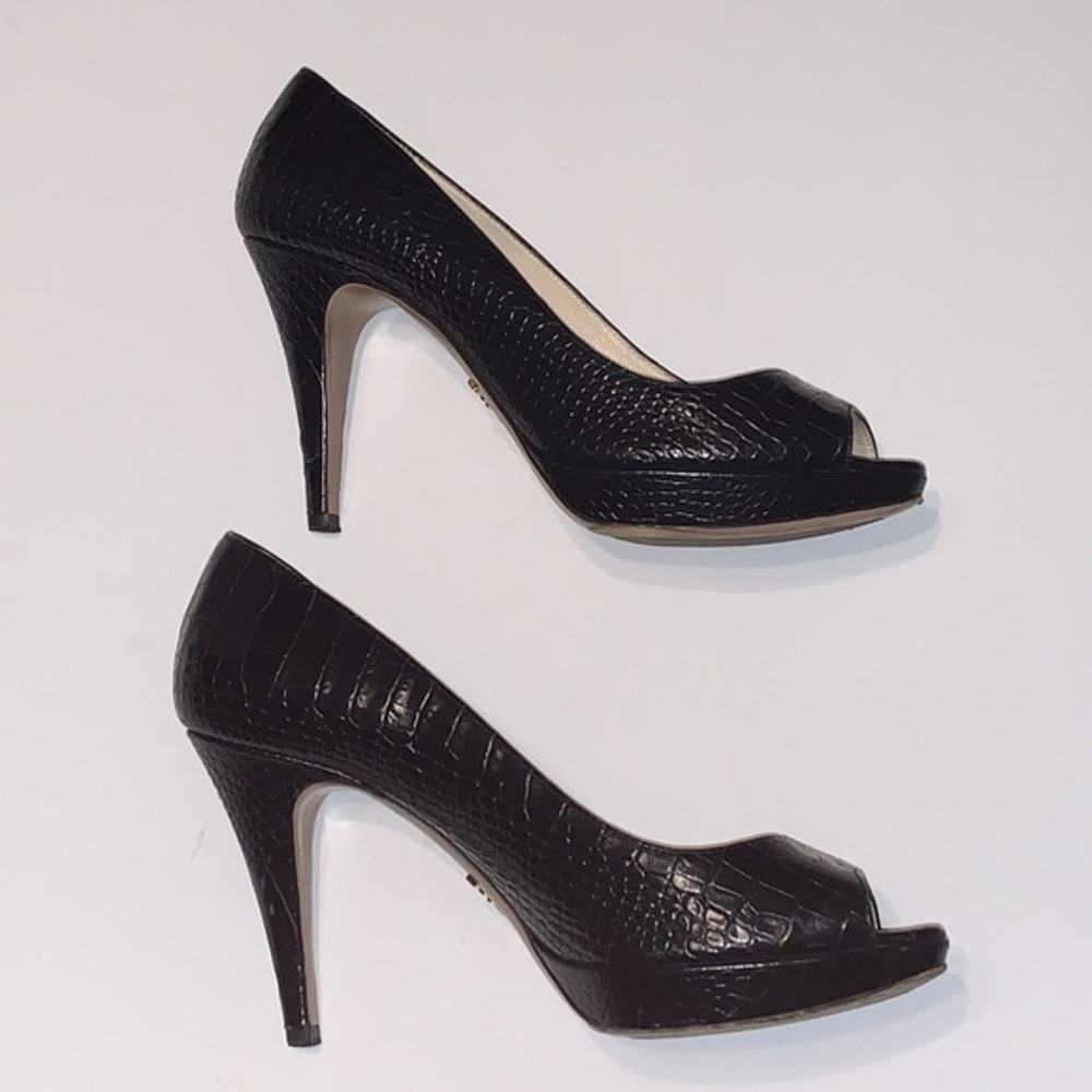 Vtg Prada Sz 36.5 Black Crocodile Embossed Leather Peep Toe Platform Pumps Heels - Picture 9 of 16